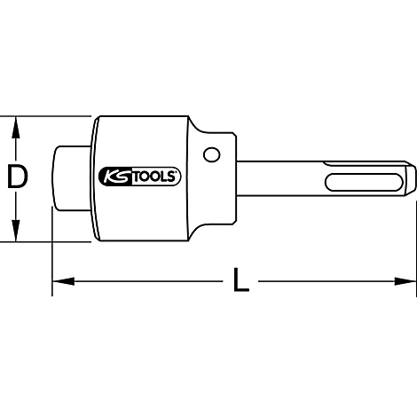 Technische Zeichnung eines Werkzeugs mit "KS TOOLS"-Logo. Das Werkzeug hat die Form eines länglichen Adapters mit Massen.